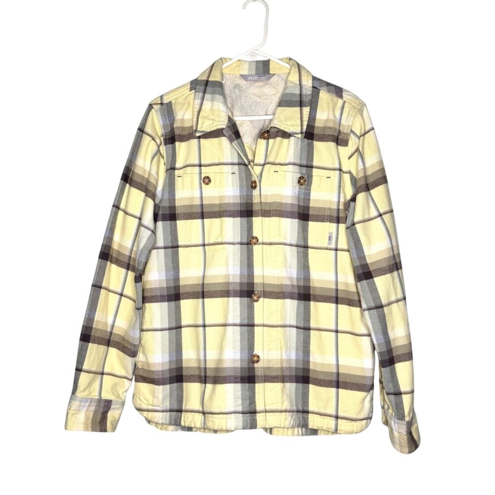 Stio Hutkeeper Straw Yellow Plaid Heavyweight Outdoorsy Cotton Flannel Shirt L - Picture 1 of 6